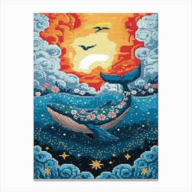 Floral Whale Embroidery With Birds And Fiery Sky Canvas Print