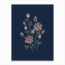 Peony Flowers Floral Illustration - Pink Green Dark Blue Navy Canvas Print
