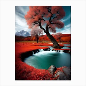 Red Tree In A Stream Canvas Print