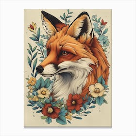 Amazing Red Fox With Flowers 23 Canvas Print
