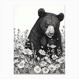Malayan Sun Bear Cub In A Field Of Flowers Ink Illustration 1 Canvas Print