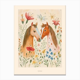 Folksy Floral Animal Drawing Horse Poster Canvas Print