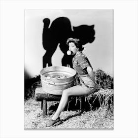 Beautiful Pin Up Bobbing For Apples, With Shaddow Of A Big Black Cat Above Her Canvas Print