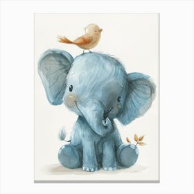 Small Joyful Elephant With A Bird On Its Head 6 Canvas Print