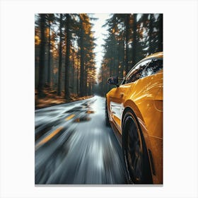 Yellow Sports Car Driving In The Forest Canvas Print
