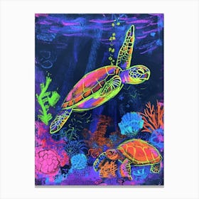 Neon Underwater Sea Turtle Doodle 4 Canvas Print