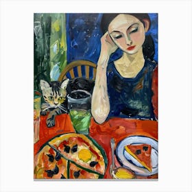 Portrait Of A Woman With Cats Eating Pizza 3 Canvas Print