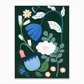 Scandi Flower Pastels Drak Green Background Painting Canvas Print