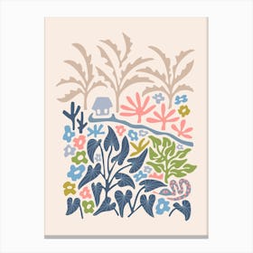 SNAKE IN THE GRASS-2 Abstract Tropical Floral Botanical with Jungle Palm Trees and Flowers in Pastel Pink Blue Green and Gray Canvas Print