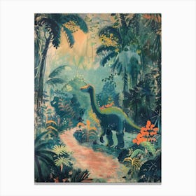 Storybook Teal Dinosaur In The Jungle Canvas Print