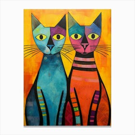 Two Patchwork Colourful Cats Yellow Background Canvas Print