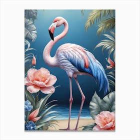 Floral Blue Flamingo Painting (21) Canvas Print