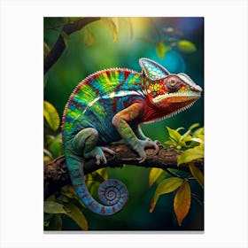 Chameleon Shifting Through A Spectrum Of Colors Perched On A Textured Branch Detailed Patterns On Canvas Print