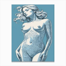 Naked Woman With Tattoos in Blue Canvas Print