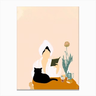 Girl On A Spa Day Reading Books With A Cat Canvas Print