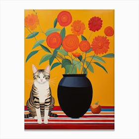 Gerbera Daisy Flower Vase And A Cat, A Painting In The Style Of Matisse 1 Canvas Print