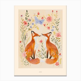 Folksy Floral Animal Drawing Fox 5 Poster Canvas Print