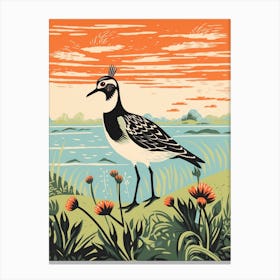 Vintage Bird Linocut Lapwing 2 Canvas Print