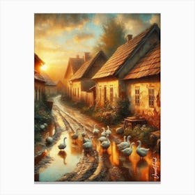 A Flock Of Geese In A Rustic Slavonian Village Canvas Print