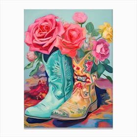 Oil Painting Of Roses Flowers And Cowboy Boots, Oil Style 1 Canvas Print