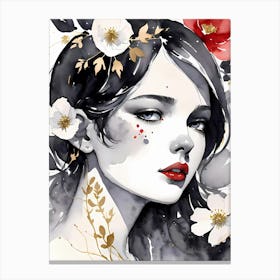 Selective Colour Portrait Of A Gorgeous Girl With Red And Gold Flower Canvas Print