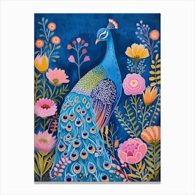 Blue Peacock Floral Portrait Canvas Print