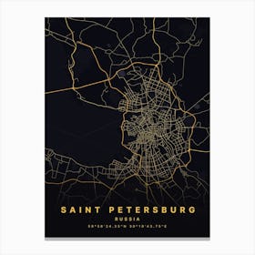 Saint Petersburg Russia Black And Gold Map Canvas Print