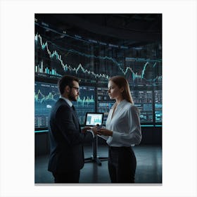 Businessman And Woman Standing In Front Of A Monitor Canvas Print