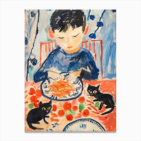 Portrait Of A Boy With Cats Having Pasta 3 Canvas Print