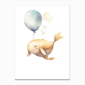 Baby Whale Flying With Ballons, Watercolour Nursery Art 1 Canvas Print
