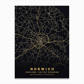 Norwich England Black And Gold Map Canvas Print