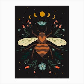 Bee with Moon Phases Scandinavian Folk Canvas Print