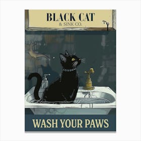 Black Cat Wash Your Paws Sink Poster Bathroom Canvas Print