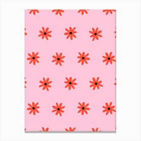 Ditsy Daisy Grid Bright Red and Light Pink Canvas Print