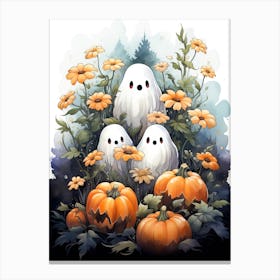 Cute Bedsheet Ghost, Botanical Halloween Watercolour 112 Canvas Print