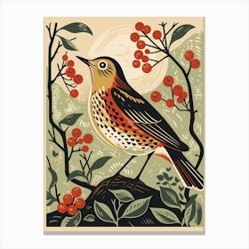 Vintage Bird Linocut Hermit Thrush 2 Canvas Print
