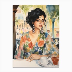 At A Cafe In Barcelona Spain Watercolour Canvas Print