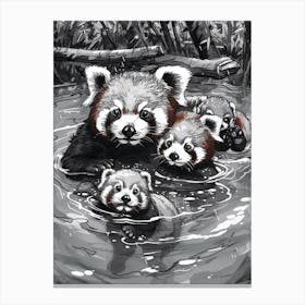 Red Panda Family Swimming Ink Illustration A River Ink Illustration 1 Canvas Print