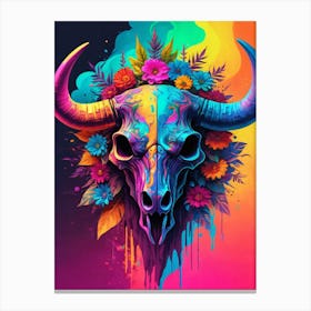Floral Bull Skull Neon Iridescent Painting (29) Canvas Print
