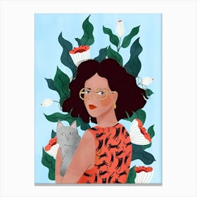 Illustration Of A Woman Holding A Cat Canvas Print