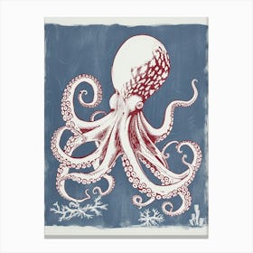 Octopus In Ocean Blue Linocut Background 2 Canvas Print