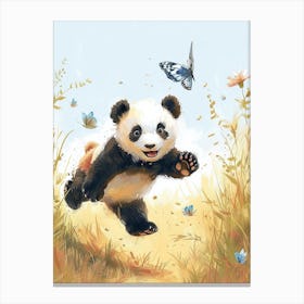 Giant Panda Cub Chasing After A Butterfly Storybook Illustration 2 Canvas Print