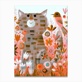 Cat, Bird and Flowers Canvas Print