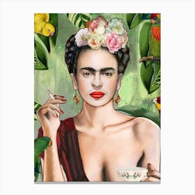 Frida kahlo With Tea Cup Canvas Print