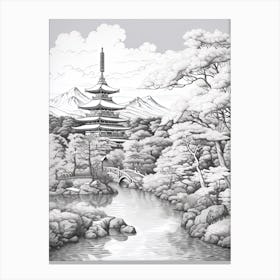 Chureito Pagoda In Yamanashi, Ukiyo E Black And White Line Art Drawing 4 Canvas Print