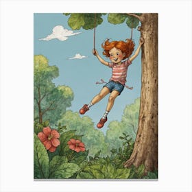 Little Girl Swinging On A Tree Canvas Print