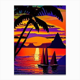 Palm Tree Boat Sunset Canvas Print