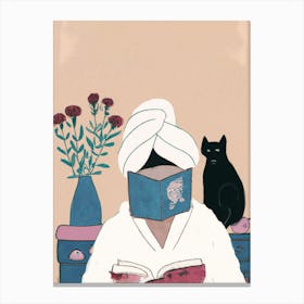 Girl Reading Books With A Black Cat Canvas Print