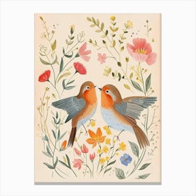 Folksy Floral Animal Drawing Bird Canvas Print