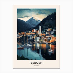 Winter Night  Travel Poster Bergen Norway 4 Canvas Print